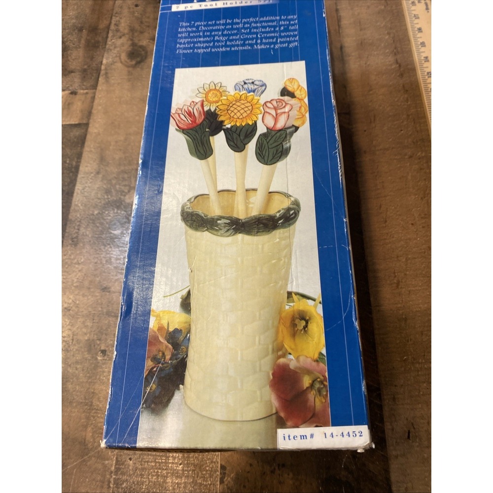 Wooden Cooking‎ Utensil 6 Hand Painted Flower Handle Ceramic Basket Tool Holder - Picture 15 of 16